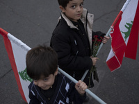 Two Iranian schoolboys hold Lebanese flags while taking part in a protest gathering with their parents (not pictured) to condemn an Israeli...