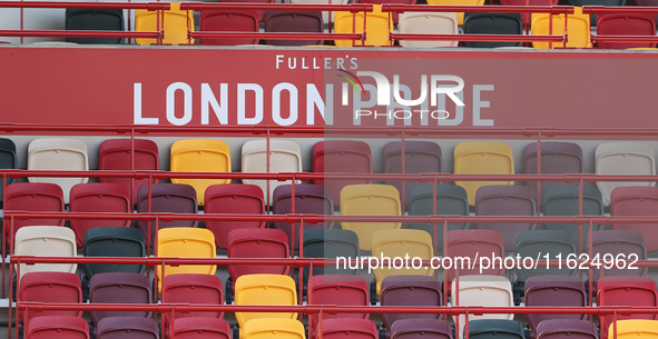 Empty seating before the Premier League match between Brentford and West Ham United at the Gtech Community Stadium in Brentford, United King...