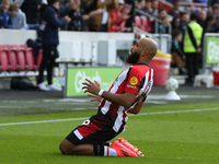 Bryan Mbeumo of Brentford scores the opening goal during the Premier League match between Brentford and West Ham United at the Gtech Communi...