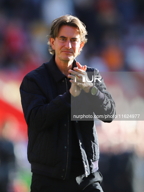 Brentford Manager Thomas Frank thanks the fans after a one-all draw with West Ham in the Premier League match between Brentford and West Ham...