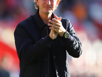 Brentford Manager Thomas Frank thanks the fans after a one-all draw with West Ham in the Premier League match between Brentford and West Ham...