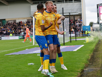 Will Evans celebrates after scoring for Mansfield Town to take the lead to make it 1-0 against Northampton Town during the second half of th...