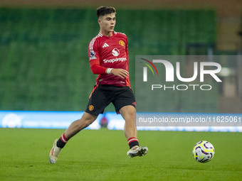 Harry Amass of Manchester United on the ball during the Premier League 2 match between Norwich City and Manchester United at Carrow Road in...