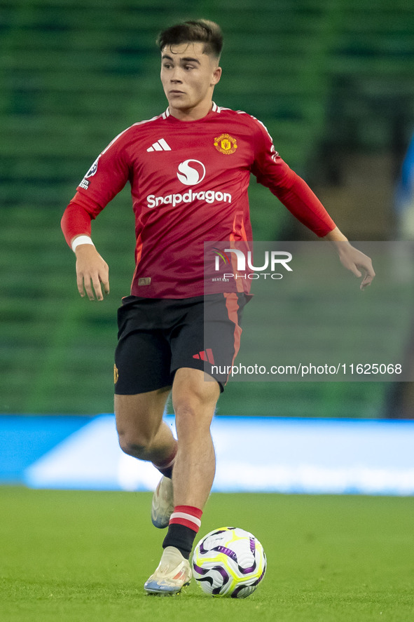 Harry Amass of Manchester United on the ball during the Premier League 2 match between Norwich City and Manchester United at Carrow Road in...