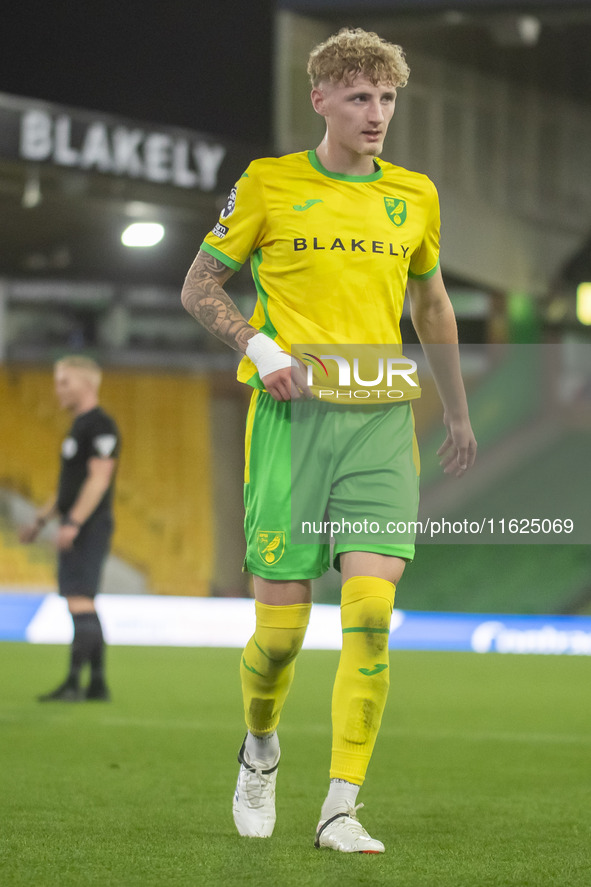 AJ Wright of Norwich City during the Premier League 2 match between Norwich City and Manchester United at Carrow Road in Norwich, England, o...