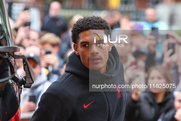 Jarell Quansah of Liverpool arrives for the Premier League match between Wolverhampton Wanderers and Liverpool at Molineux in Wolverhampton,...