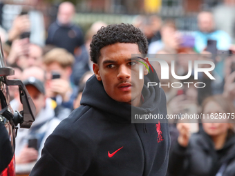 Jarell Quansah of Liverpool arrives for the Premier League match between Wolverhampton Wanderers and Liverpool at Molineux in Wolverhampton,...