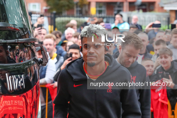 Luis Diaz of Liverpool arrives for the Premier League match between Wolverhampton Wanderers and Liverpool at Molineux in Wolverhampton, Engl...