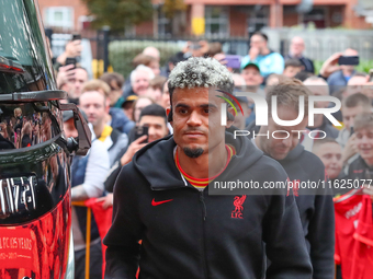 Luis Diaz of Liverpool arrives for the Premier League match between Wolverhampton Wanderers and Liverpool at Molineux in Wolverhampton, Engl...