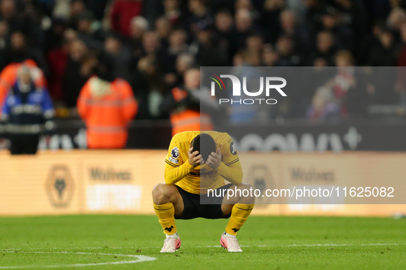 Jo?o Gomes of Wolverhampton Wanderers reacts at the final whistle during the Premier League match between Wolverhampton Wanderers and Liverp...