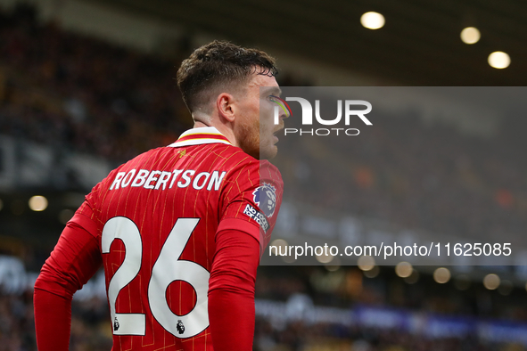 Liverpool's Andrew Robertson is in action during the Premier League match between Wolverhampton Wanderers and Liverpool at Molineux in Wolve...