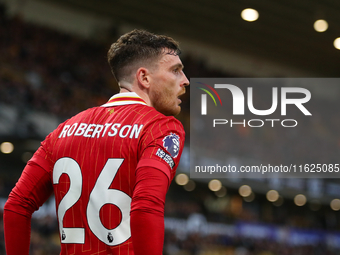 Liverpool's Andrew Robertson is in action during the Premier League match between Wolverhampton Wanderers and Liverpool at Molineux in Wolve...