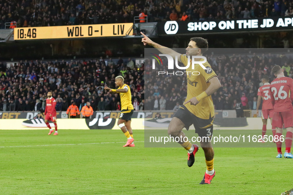 Rayan Ait-Nouri of Wolverhampton Wanderers celebrates after scoring their first goal during the Premier League match between Wolverhampton W...