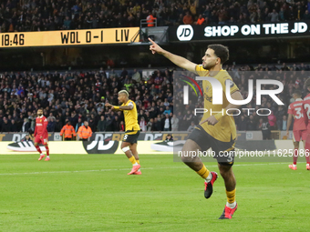 Rayan Ait-Nouri of Wolverhampton Wanderers celebrates after scoring their first goal during the Premier League match between Wolverhampton W...