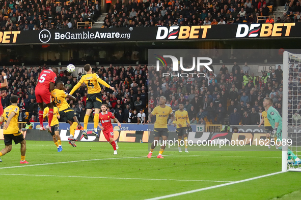 Liverpool's Ibrahima Konate heads them into a 1-0 lead during the Premier League match between Wolverhampton Wanderers and Liverpool at Moli...