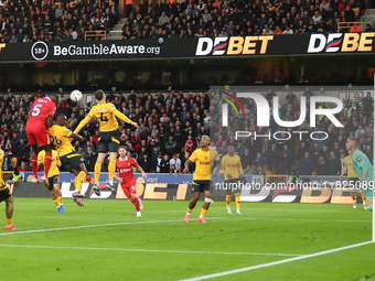 Liverpool's Ibrahima Konate heads them into a 1-0 lead during the Premier League match between Wolverhampton Wanderers and Liverpool at Moli...