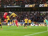 Liverpool's Ibrahima Konate heads them into a 1-0 lead during the Premier League match between Wolverhampton Wanderers and Liverpool at Moli...