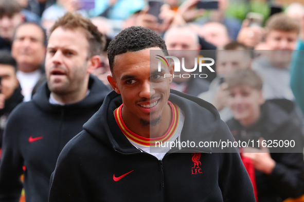 Trent Alexander-Arnold of Liverpool arrives for the Premier League match between Wolverhampton Wanderers and Liverpool at Molineux in Wolver...