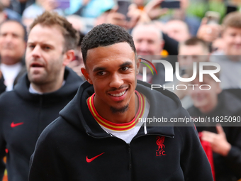 Trent Alexander-Arnold of Liverpool arrives for the Premier League match between Wolverhampton Wanderers and Liverpool at Molineux in Wolver...