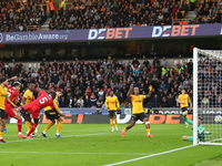 Liverpool's Ibrahima Konate heads them into a 1-0 lead during the Premier League match between Wolverhampton Wanderers and Liverpool at Moli...