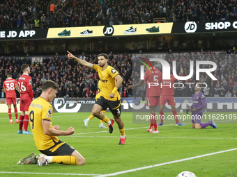 Rayan Ait-Nouri of Wolverhampton Wanderers celebrates after scoring their first goal during the Premier League match between Wolverhampton W...