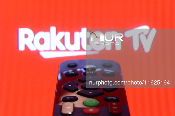 Rakuten TV app displayed on a tv screen and a remote control are seen in this illustration photo taken in Krakow, Poland on September 30, 20...