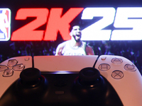 NBA 2K25 displayed on a tv screen and  DualSense controller are seen in this illustration photo taken in Krakow, Poland on September 30, 202...