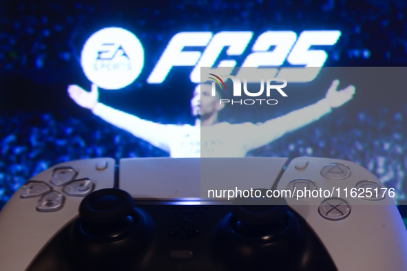 EA Sports FC 25 displayed on a tv screen and  DualSense controller are seen in this illustration photo taken in Krakow, Poland on September...