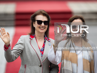 Argentina's Foreign Minister Diana Mondino and El Salvador's Minister of Foreign Affairs Alexandra Hill gesture as they attend an event at t...