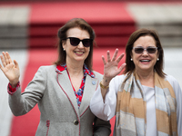 Argentina's Foreign Minister Diana Mondino and El Salvador's Minister of Foreign Affairs Alexandra Hill gesture as they attend an event at t...