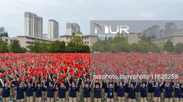 In Suqian, China, on September 30, 2024, 7,000 teachers and students gather at the campus sports field to hold a themed event called ''Repor...