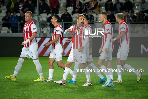 Cracovia players participate in the game between KS Cracovia and Stal Mielec in Krakow, Poland, on September 30, 2024. PKO BP Ekstraklasa, P...