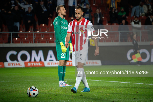 Virgil Ghita and goalkeeper Henrich Ravas during the game between KS Cracovia and Stal Mielec in Krakow, Poland, on September 30, 2024. PKO...