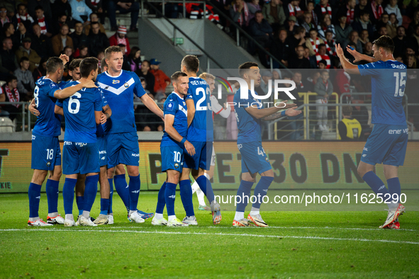 Stal Mielec players celebrate scoring a goal during the game between KS Cracovia and Stal Mielec in Krakow, Poland, on September 30, 2024. P...