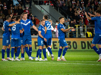 Stal Mielec players celebrate scoring a goal during the game between KS Cracovia and Stal Mielec in Krakow, Poland, on September 30, 2024. P...