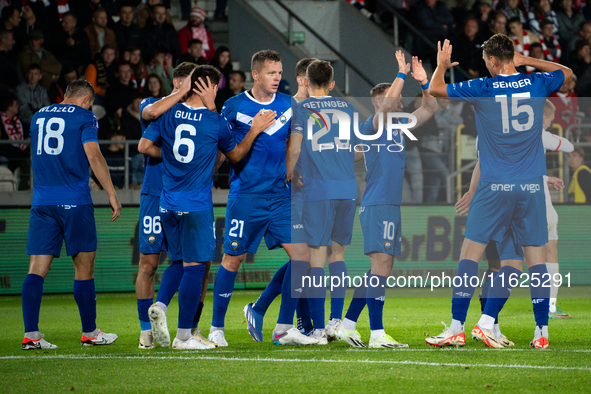 Stal Mielec players celebrate scoring a goal during the game between KS Cracovia and Stal Mielec in Krakow, Poland, on September 30, 2024. P...