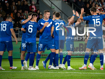 Stal Mielec players celebrate scoring a goal during the game between KS Cracovia and Stal Mielec in Krakow, Poland, on September 30, 2024. P...