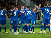 Stal Mielec players celebrate scoring a goal during the game between KS Cracovia and Stal Mielec in Krakow, Poland, on September 30, 2024. P...