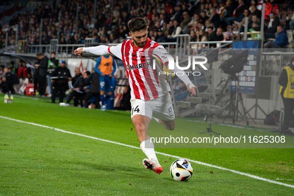 Ajdin Hasic plays during the game between KS Cracovia and Stal Mielec in Krakow, Poland, on September 30, 2024. PKO BP Ekstraklasa, Polish f...