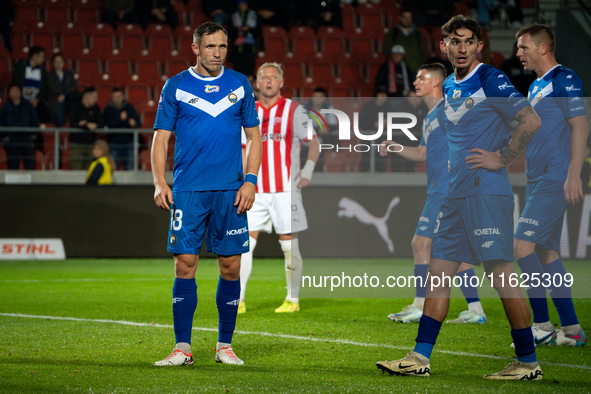 Piotr Wlazlo and Robert Dadok play during the game between KS Cracovia and Stal Mielec in Krakow, Poland, on September 30, 2024. PKO BP Ekst...