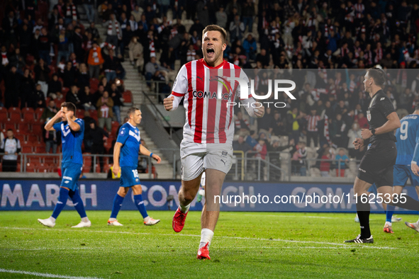 Benjamin Kallman celebrates scoring a goal during the game between KS Cracovia and Stal Mielec in Krakow, Poland, on September 30, 2024. PKO...