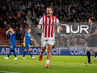 Benjamin Kallman celebrates scoring a goal during the game between KS Cracovia and Stal Mielec in Krakow, Poland, on September 30, 2024. PKO...