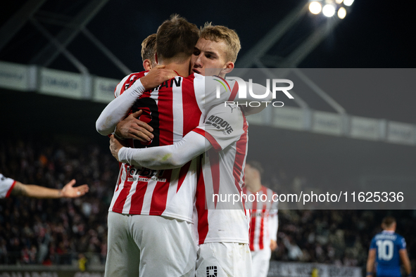 Cracovia players celebrate scoring a goal during the game between KS Cracovia and Stal Mielec in Krakow, Poland, on September 30, 2024. PKO...