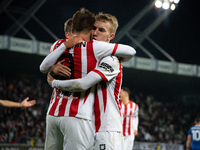 Cracovia players celebrate scoring a goal during the game between KS Cracovia and Stal Mielec in Krakow, Poland, on September 30, 2024. PKO...