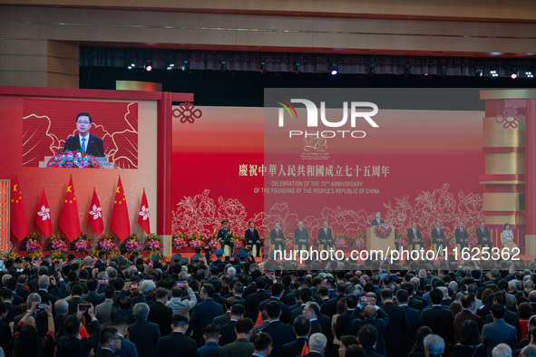 Hong Kong Chief Executive John Lee speaks on stage during the government national day reception in Hong Kong, China, on October 1, 2024. 