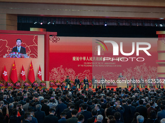 Hong Kong Chief Executive John Lee speaks on stage during the government national day reception in Hong Kong, China, on October 1, 2024. (