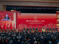 Hong Kong Chief Executive John Lee speaks on stage during the government national day reception in Hong Kong, China, on October 1, 2024. (