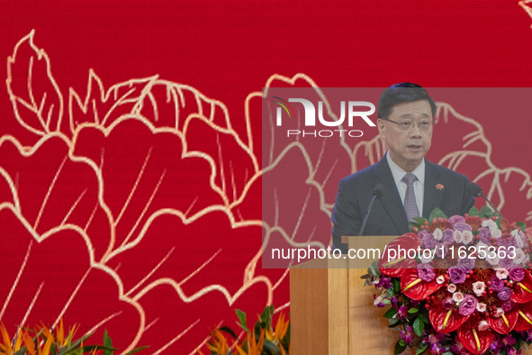 Hong Kong Chief Executive John Lee speaks on stage during the government national day reception in Hong Kong, China, on October 1, 2024. 