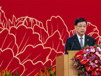 Hong Kong Chief Executive John Lee speaks on stage during the government national day reception in Hong Kong, China, on October 1, 2024. (