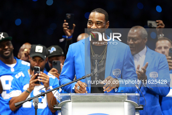 DETROIT,MICHIGAN-September 30: Former Detroit Lions player Calvin Johnson Jr. speaks during the ceremony honoring his induction to the Pride...